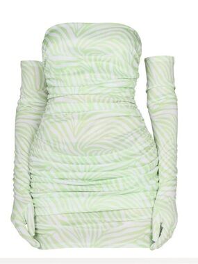 Miscreants London Cupid mini dress Strapless with Gloves Light Green Zebra US 10